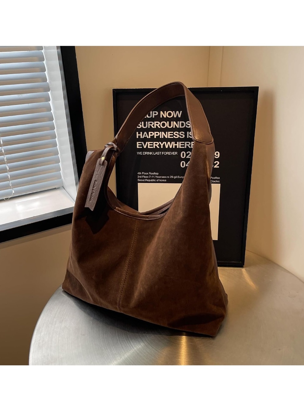 Opposite sided faux leather & faux suede Dark Brown Shoulder tote Bag - Picture 5 of 5